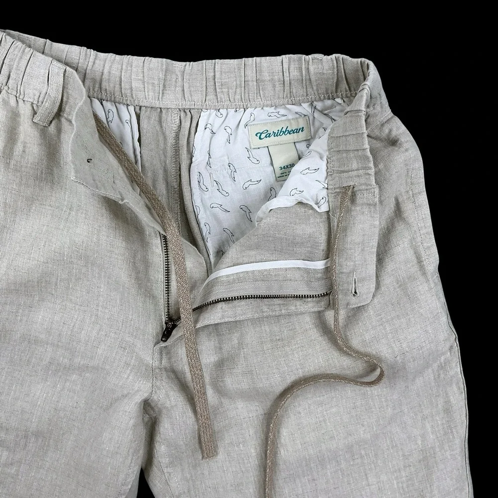 Caribbean Pants Men 34x30 Beige Linen Straight Leg Elastic Waist NWT